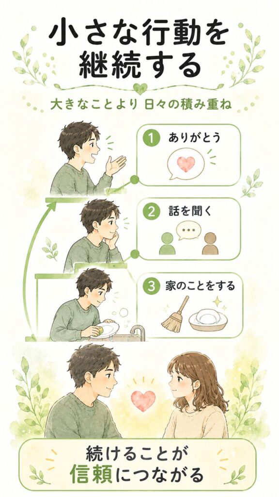 小さな行動を継続する大切さを、ありがとう・話を聞く・家のことをするという積み重ねと、続けることが信頼につながるという要点で表した画像