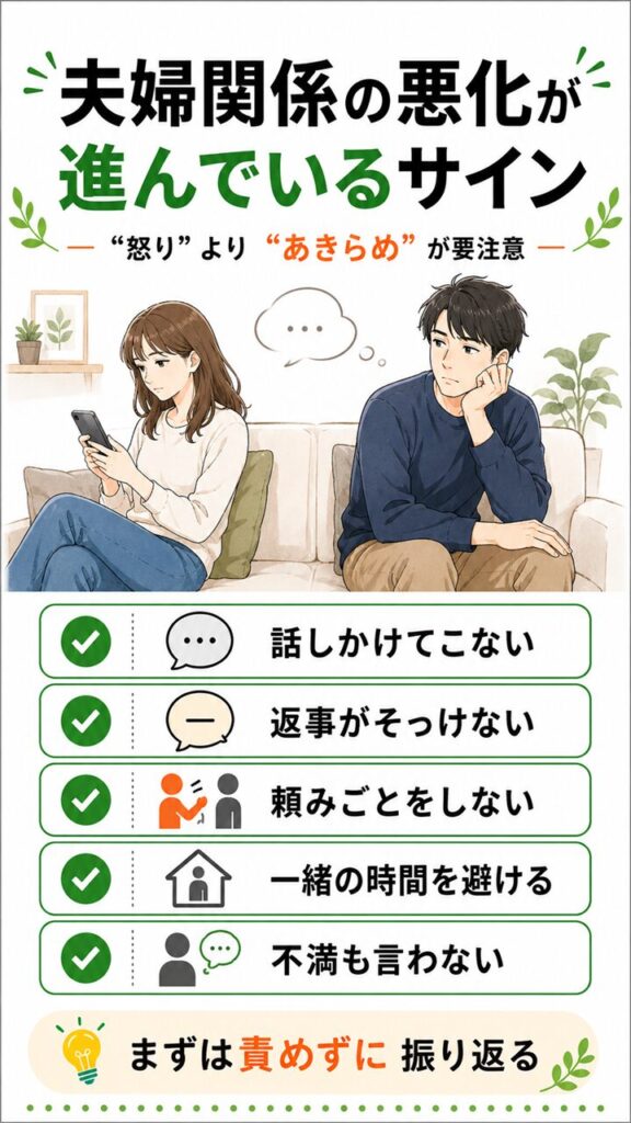 夫婦関係の悪化が進んでいるサインを、話しかけてこない・返事が素っ気ない・頼みごとをしない・一緒の時間を避ける・不満も言わない・目を合わせない・スマホやテレビばかり見る形で示し、あきらめの可能性を表した画像
