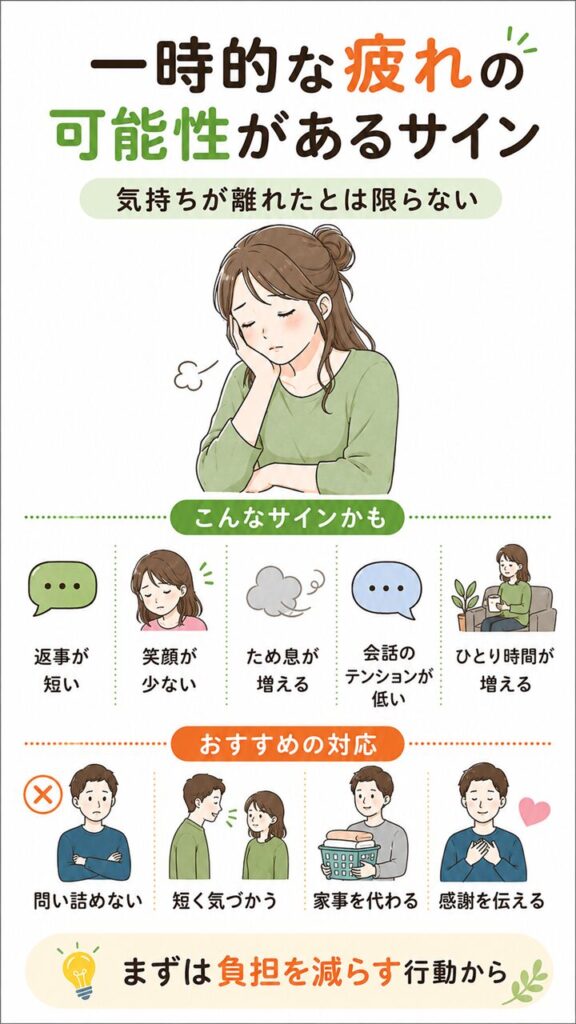 妻の気持ちが離れたのではなく一時的な疲れの可能性があるサインを、返事が短い・笑顔が少ない・ため息が増える・会話のテンションが低い・ひとり時間が増える形で示し、問い詰めない・気づかう・家事を代わる・感謝を伝える対応も表した画像