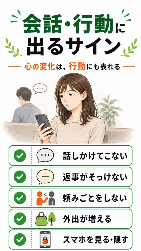 妻の気持ちが離れたときに会話や行動に表れやすい5つのサインを、話しかけてこない・返事がそっけない・頼みごとをしない・外出が増える・スマホを見る時間が増える形で示した画像