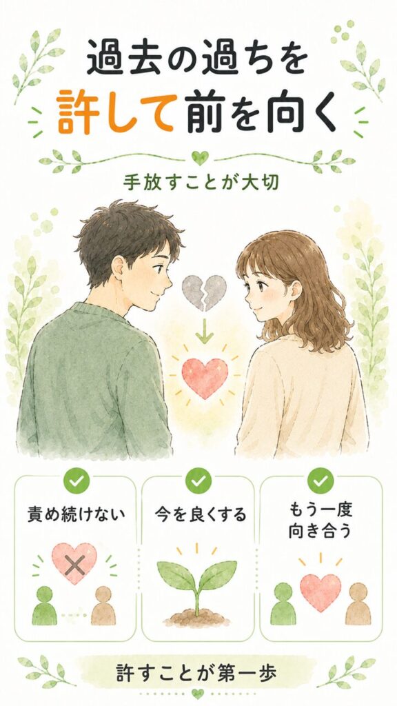 夫婦がお互いに過去の過ちを許す大切さを、少し距離のあった夫婦が前を向き直す様子と、過去を責め続けない・今を良くする・もう一度向き合うという要点で表した画像