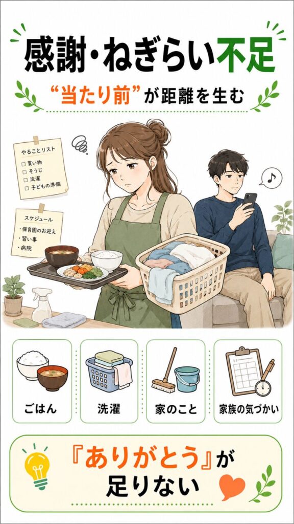 妻の気持ちが離れる原因として、感謝やねぎらいが不足していたことを、家事や家庭のことを抱える妻と「ありがとう」が足りない状況で表した画像