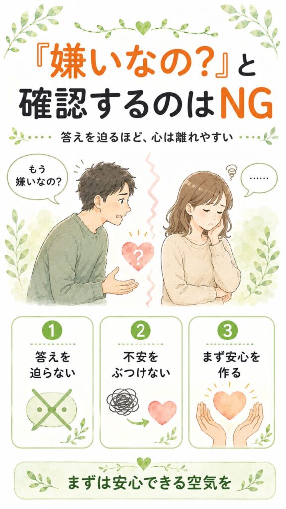 「俺のこと嫌いなの？」と確認するのは逆効果だと伝えるため、不安で確認する夫と答えに困る妻、答えを迫らない・不安をぶつけない・まず安心を作るという要点で表した画像