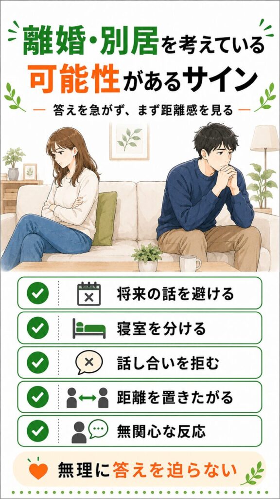 妻が離婚や別居を考えている可能性があるサインを、将来の話を避ける・寝室を分ける・話し合いを拒む・距離を置きたがる・無関心な反応の形で示し、無理に答えを迫らないことを伝える画像