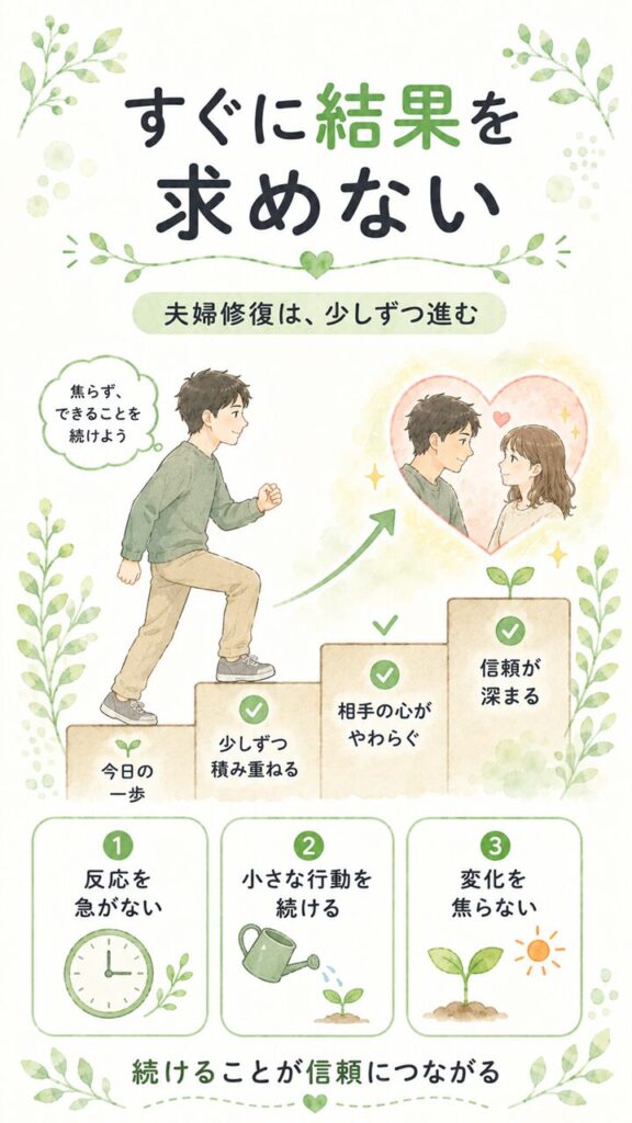 すぐに結果を求めない大切さを、小さな行動の積み重ねと焦らず見守る姿で表し、反応を急がない・小さな行動を続ける・変化を焦らないという要点で示した画像