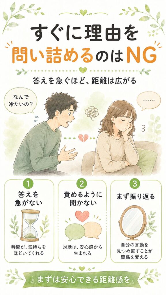 妻の気持ちが離れているときに、すぐ理由を問い詰めるのは逆効果だと伝えるため、問い詰める夫と心を閉ざす妻、答えを急がない・責めるように聞かない・まず振り返るという要点で表した画像