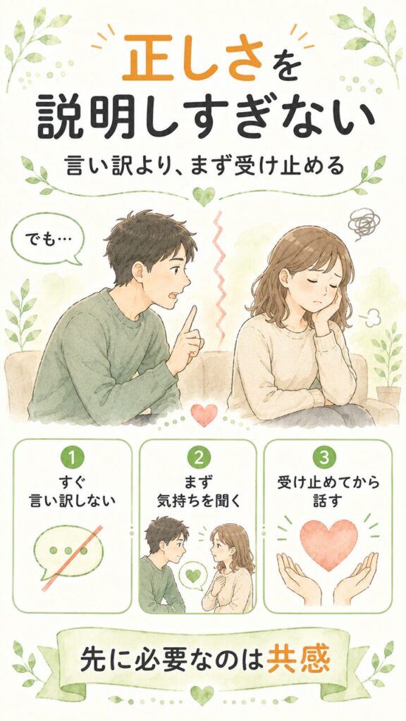 自分の正しさを説明しようとするのは逆効果だと伝えるため、説明する夫と傷ついて受け止めてもらえない妻、すぐ言い訳しない・まず気持ちを聞く・受け止めてから話すという要点で表した画像