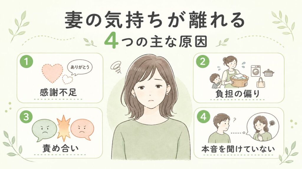 妻の気持ちが離れてしまう主な原因を、感謝不足・負担の偏り・責め合い・本音を聞けていないの4つで示した画像