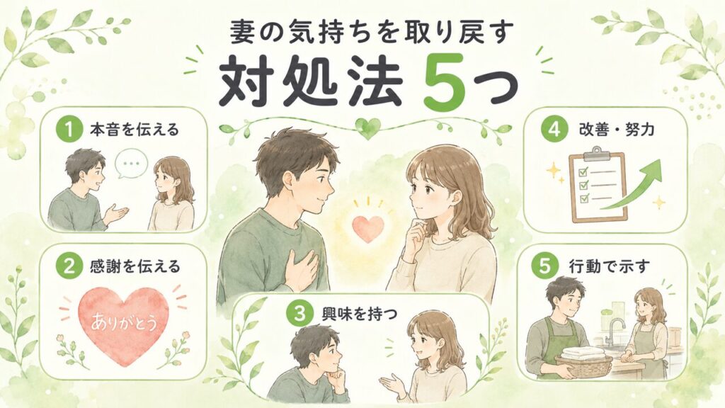 妻の気持ちが離れたサインに対する対処法5つを、本音を伝える・感謝を伝える・興味を持つ・改善努力する・行動で示すの5つで表した画像