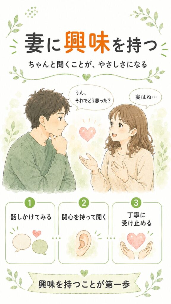 妻に興味を持つことの大切さを、関心を持って話を聞く夫と安心して話す妻、話しかけてみる・関心を持って聞く・丁寧に受け止めるという要点で表した画像