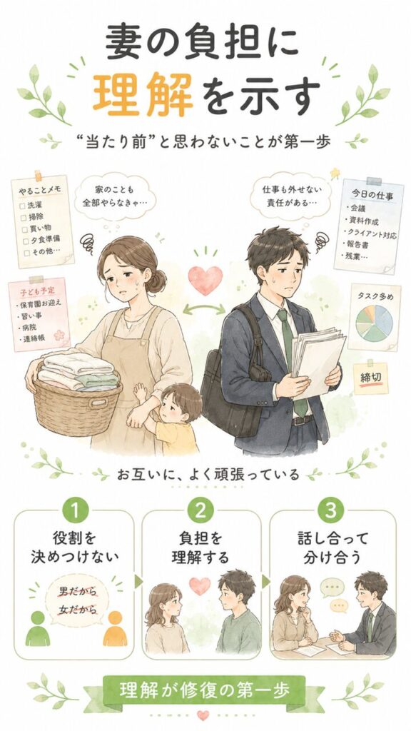 妻の負担に理解を示す大切さを、家事や育児を抱える妻と仕事の負担を抱える夫、役割を決めつけない・負担を理解する・話し合って分け合うという要点で表した画像