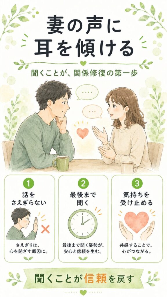 妻の声に耳を傾ける大切さを、話をしっかり聞く夫と安心して話す妻、話をさえぎらない・最後まで聞く・気持ちを受け止めるという要点で表した画像