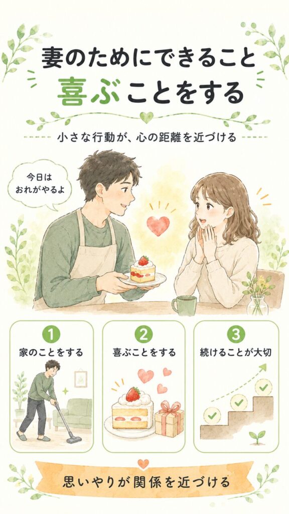 妻のためにできることや喜ぶことをする大切さを、家事をする夫と喜ぶ妻、家のことをする・喜ぶことをする・続けることが大切という要点で表した画像
