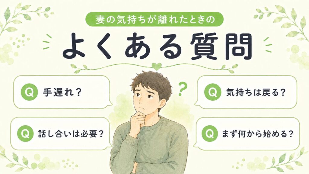 妻の気持ちが離れたときのよくある質問を、手遅れか・気持ちは戻るか・まず何をするかなどのQ&A形式で表した画像